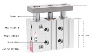 SNS MGP Series triple rod pneumatic pituduh kompak silinder hawa kalawan magnet