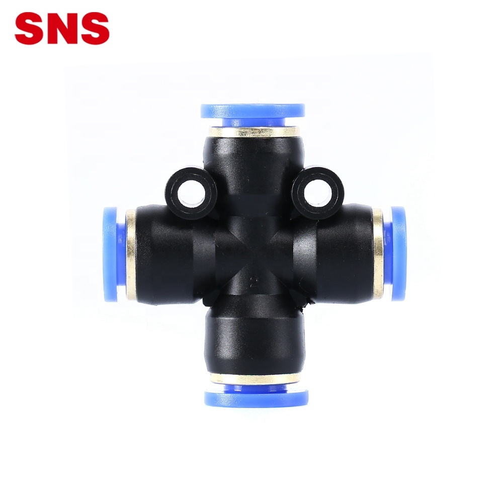 SNS SPXL sērijas pneimatiskais viena pieskāriena ātrā savienojuma 4 virzienu plastmasas savienotājs vienāda savienojuma šķērsgriezuma gaisa šļūtenes stiprinājums