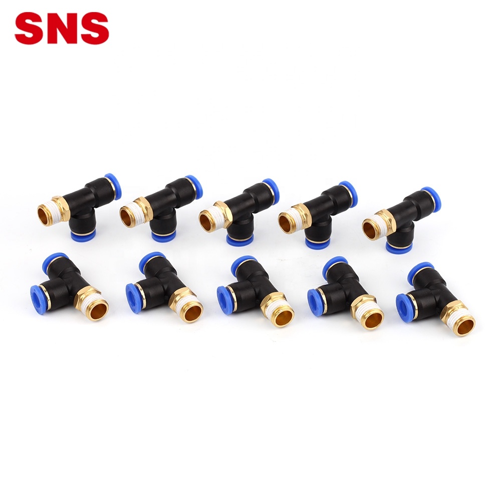 SNS SPD Series pneumatic one touch T type 3 way joint male run tee plastic fast fitting air hose tube connector