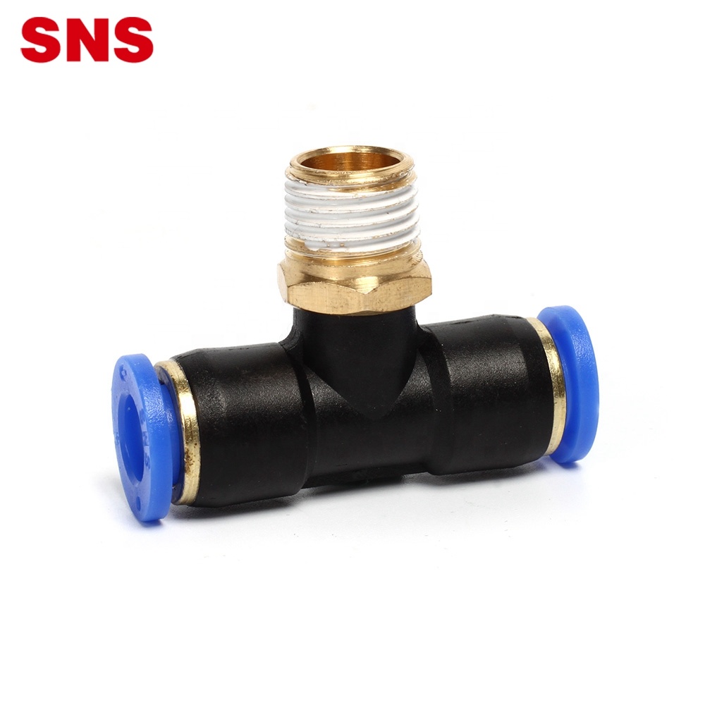 SNS SPB Series pneumatic enye touch T uhlobo ifaneleka iindlela ezintathu joint eyindoda yesebe tee iplastiki ekhawulezayo ifakelwe ithumbu umoya umbhobho isinxibelelanisi