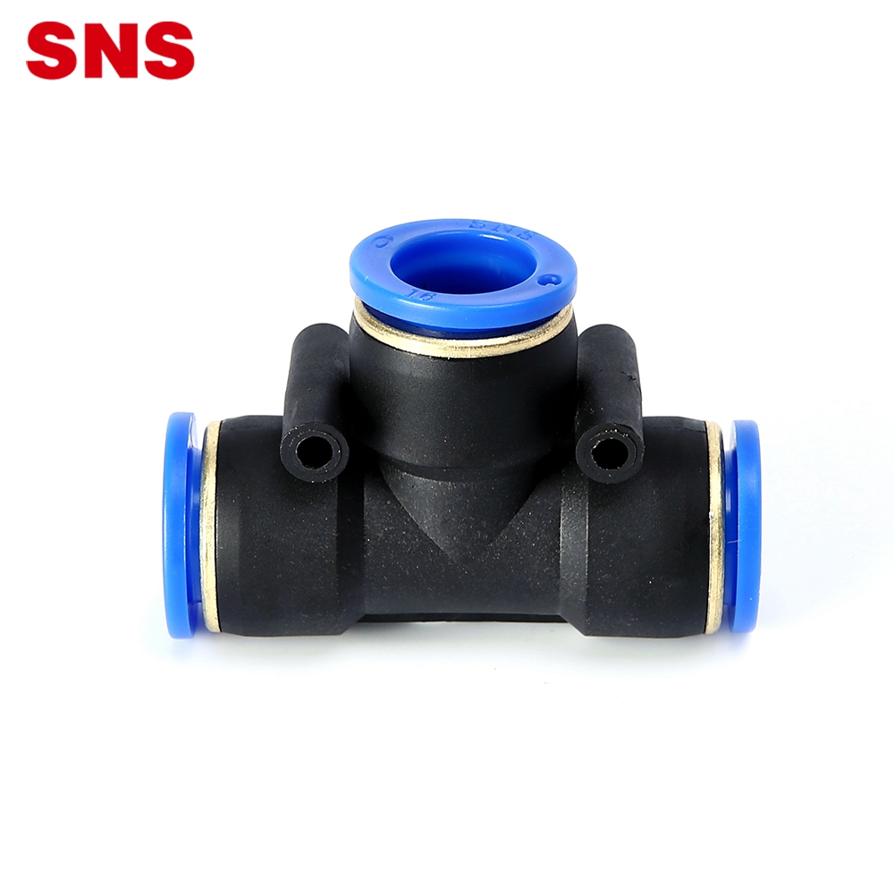 SNS SPE Series pneumatic push 3 way equal union tee type T Joint plastic pipe အမြန်လျောက်ပတ်သော လေပြွန်ချိတ်ဆက်ကိရိယာ