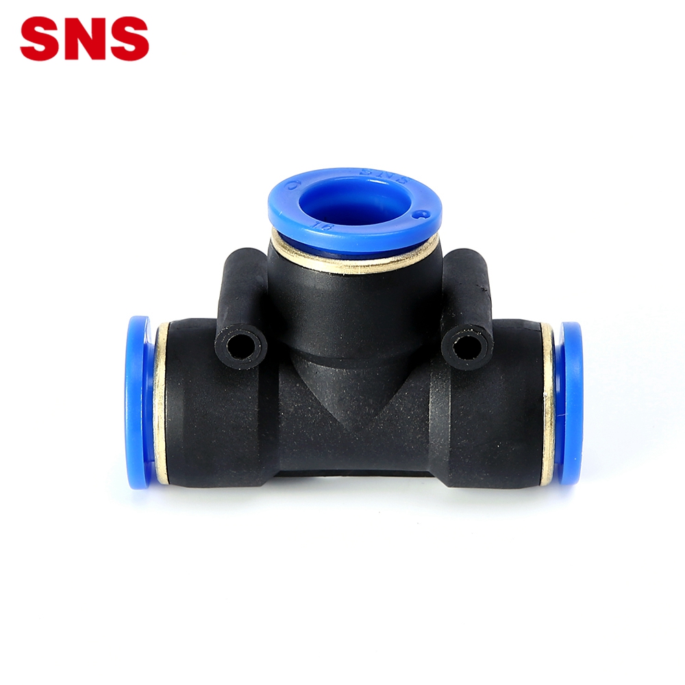 SNS SPE Series pneumatyske druk om te ferbinen 3-wei gelikense uny tee type T joint plestik piip snelpassende luchtbuis Connector