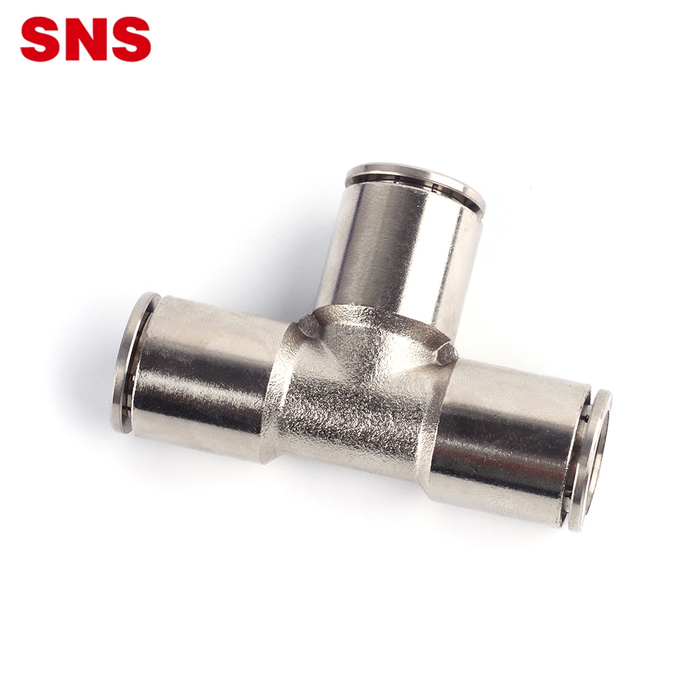 SNS JPE Series tyhala ukudibanisa nickel-plated ubhedu T uhlobo 3 indlela ithumbu lomoya PU ityhubhu pneumatic isidibanisi elinganayo umanyano tee kufanelekile